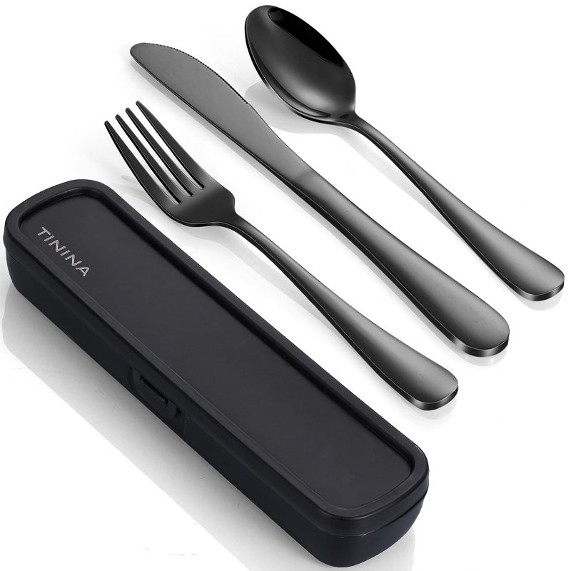 TININA Travel Utensils with Case  4-Piece Stainless Steel Portable Cutlery Set  Reinforced Case with Buckle Design  Lunch Box for Camping Work School  Include Fork Spoon Knife  Dishwasher Safe  Black - Image 1